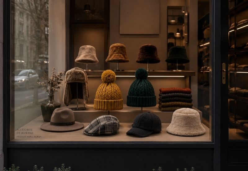 exhibidor de gorros de lana por mayor en local de accesorios