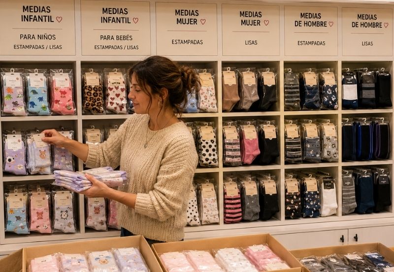 Exhibidor de medias organizado por categorías en local de accesorios