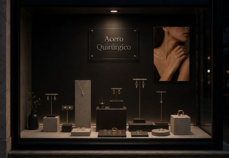 Exhibidor de acero quirúrgico organizado por tipo en sector diferenciado de local de accesorios