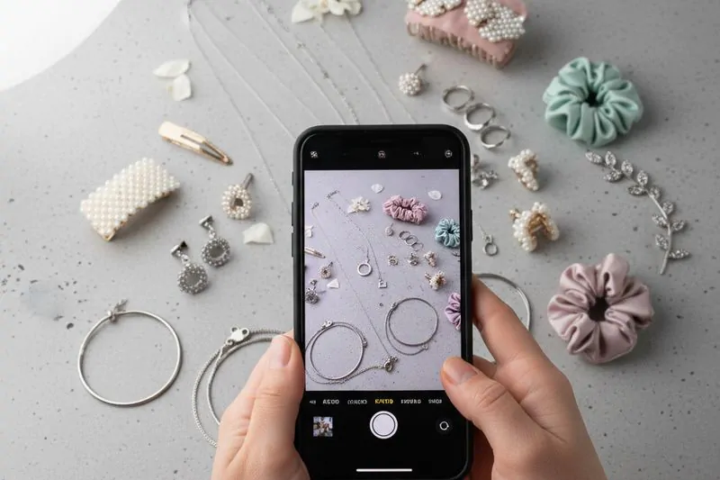 Teléfono fotografiando accesorios de bijoutería en flat lay para redes sociales
