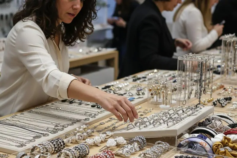clienta seleccionando accesorios en mostrador mayorista Once