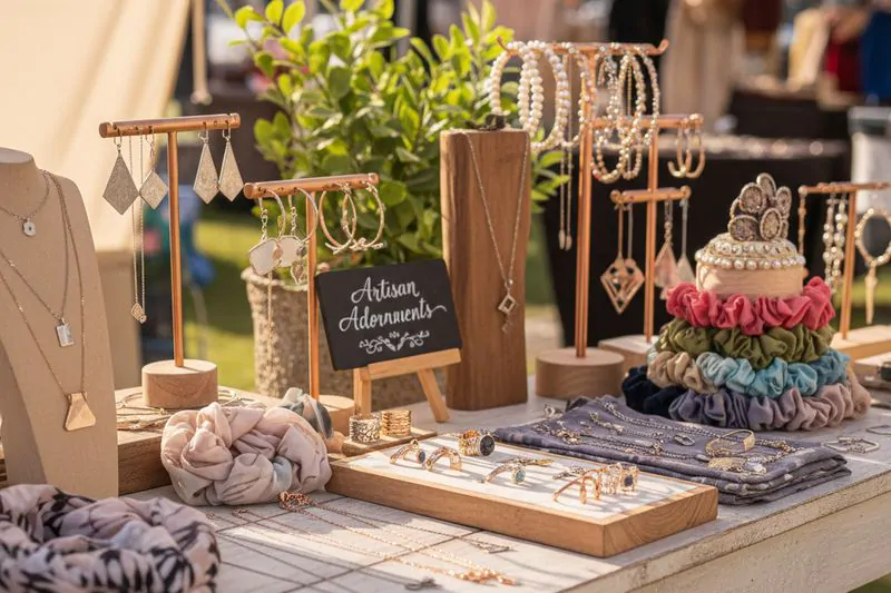 Exhibición de accesorios en local o puesto de mercado, presentación organizada