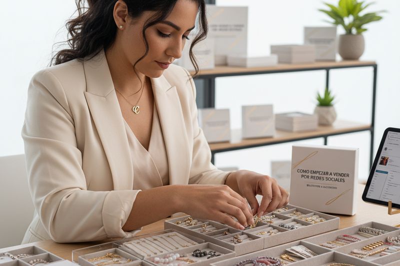 Emprendedora organizando stock de accesorios mayoristas para su negocio de redes sociales