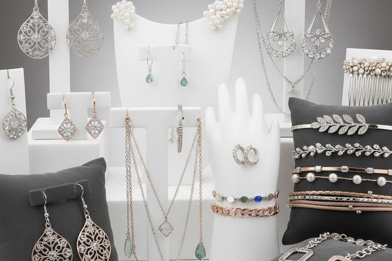detalle accesorios de moda aros collares pulseras en exhibición
