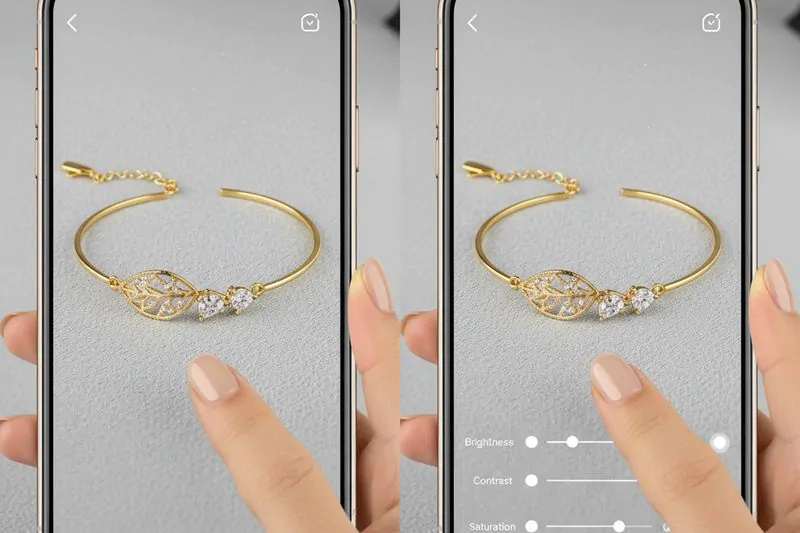 Comparación antes y después de edición de foto de bijoutería en celular