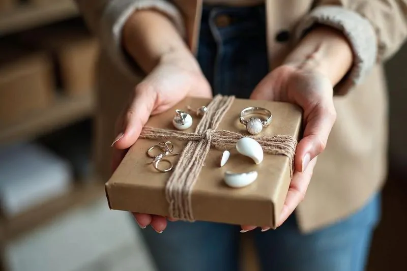 Manos empaquetando accesorios de moda para envío, emprendimiento de pequeño negocio