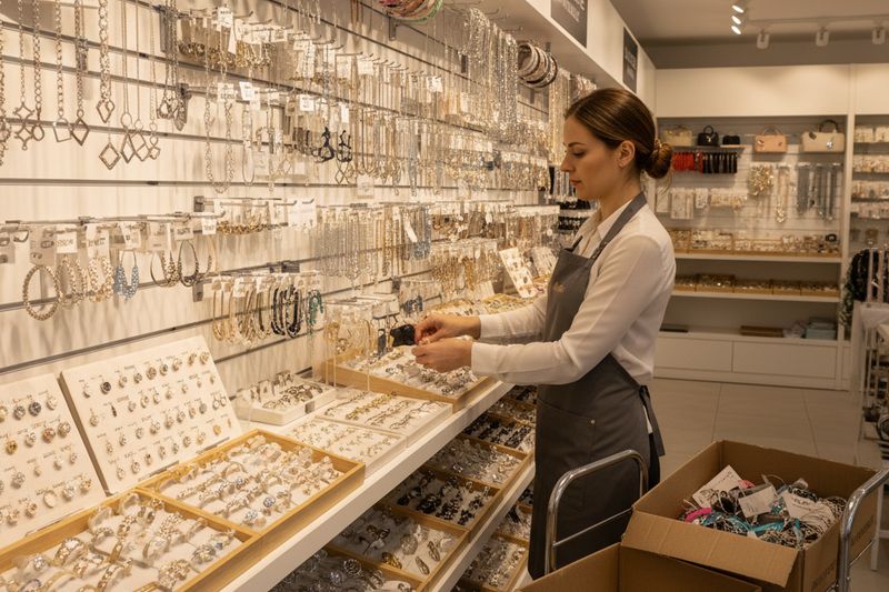 Comerciante organizando inventario de accesorios de pelo mayoristas en local