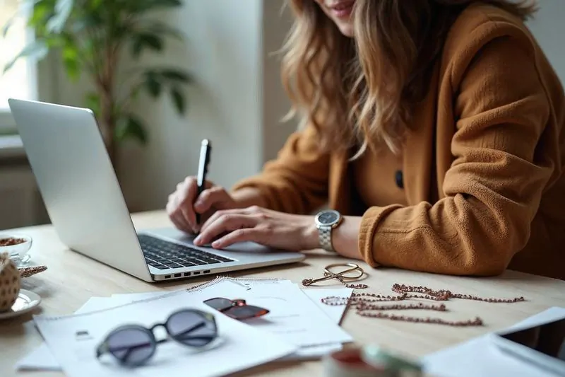Emprendedora planificando negocio de accesorios con laptop y muestras de productos