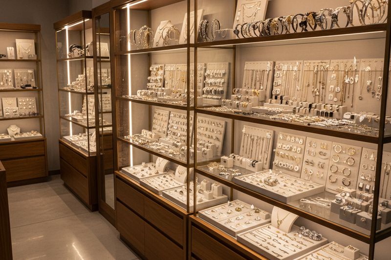 interior tienda accesorios de moda con estantes organizados