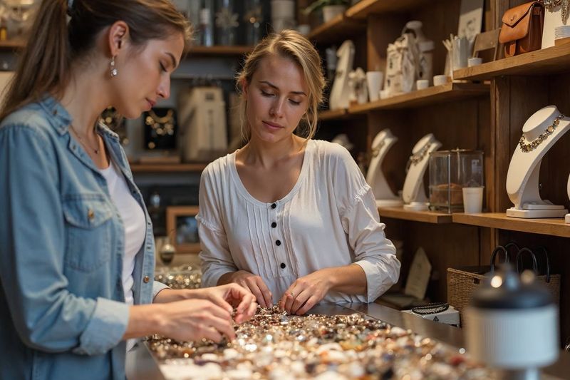 Compradora seleccionando accesorios en mostrador mayorista