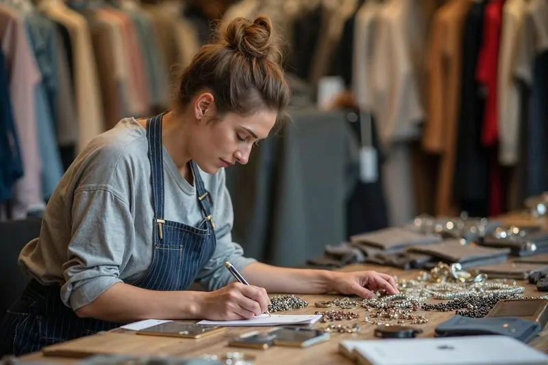 Comerciante organizando stock de accesorios mayoristas en su local de Once